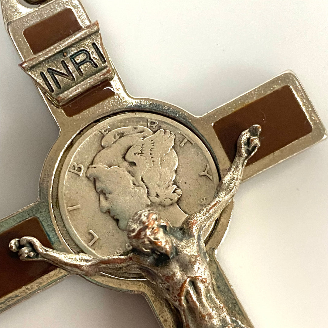 v120 Vintage Brown Enamel Silver Tone Crucifix Cross with Silver Coins