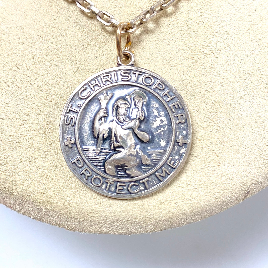 v122 Vintage Sterling Silver St. CHRISTOPHER-Protect Me Medal Pendant & Necklace 24"