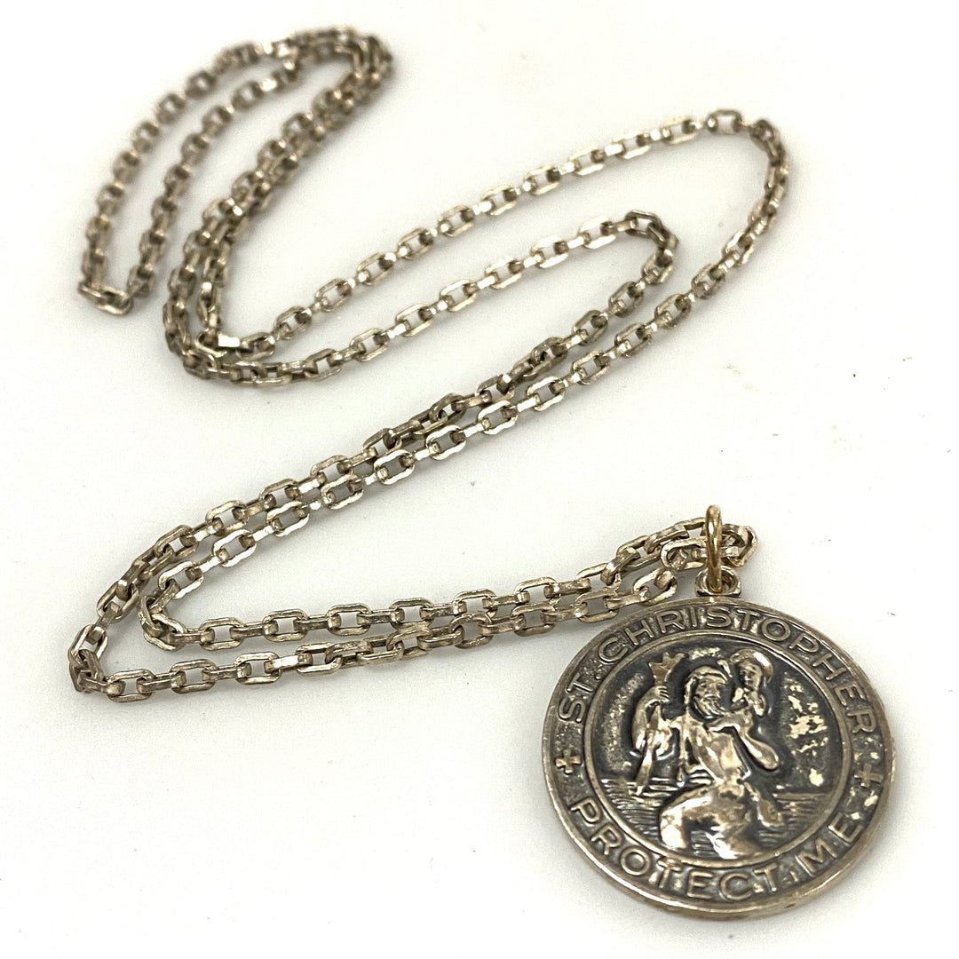 v122 Vintage Sterling Silver St. CHRISTOPHER-Protect Me Medal Pendant & Necklace 24"
