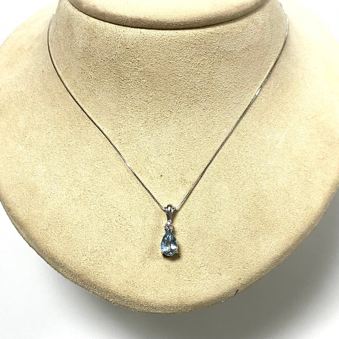 v128 Vintage 10K White Gold Chain Necklace 18" Long Aquamarine Diamond Pendant