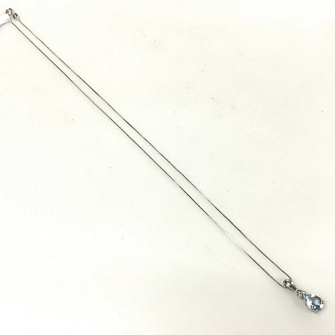 v128 Vintage 10K White Gold Chain Necklace 18" Long Aquamarine Diamond Pendant