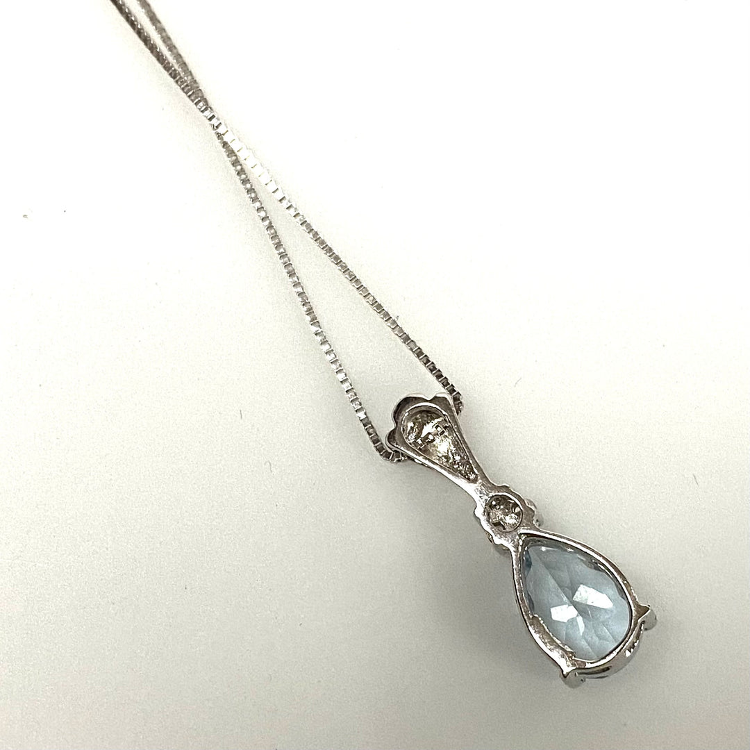 v128 Vintage 10K White Gold Chain Necklace 18" Long Aquamarine Diamond Pendant