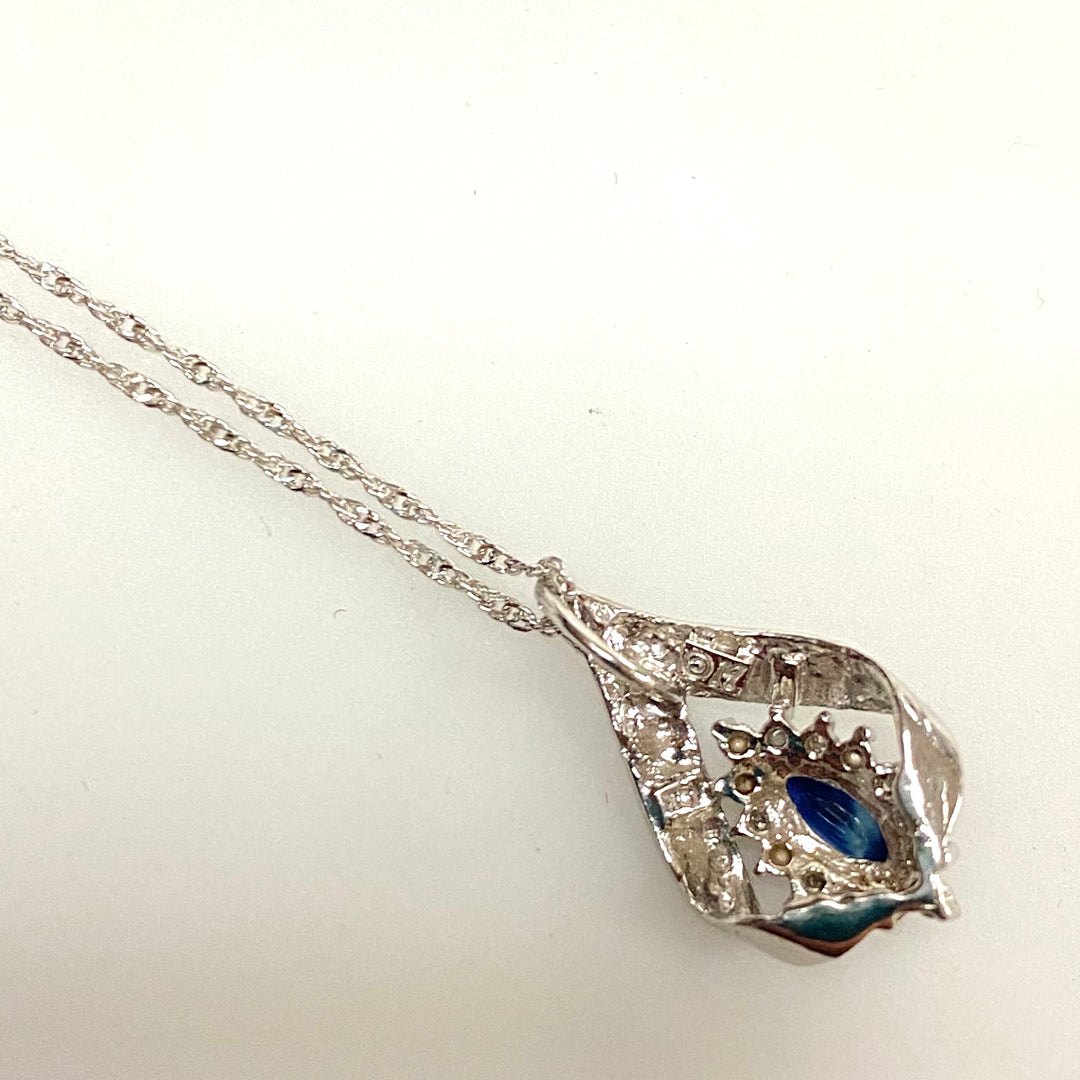 v129 Vintage 14K White Gold Chain Necklace 18" & 10K WG Sapphire Diamond Pendant