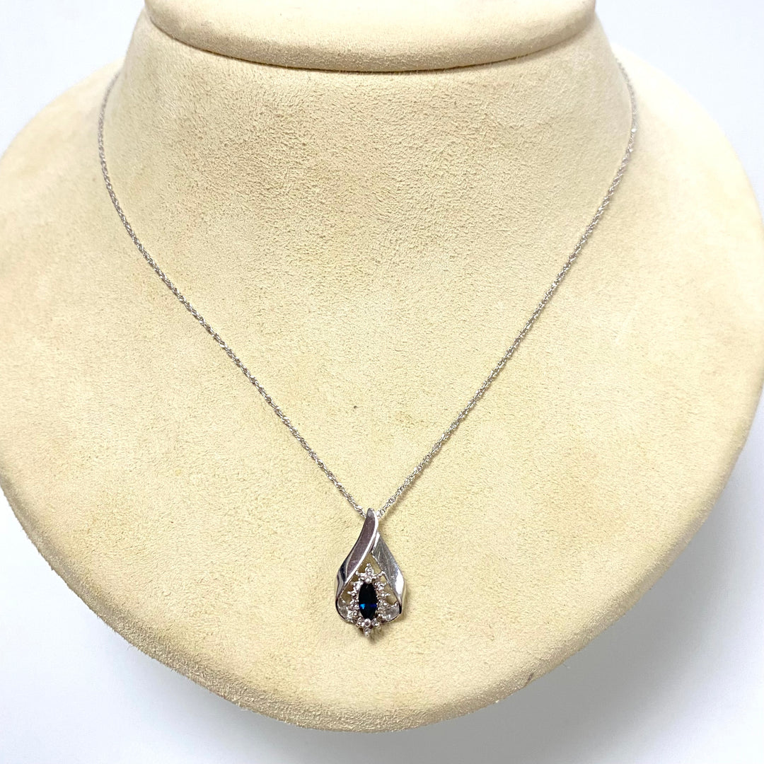 v129 Vintage 14K White Gold Chain Necklace 18" & 10K WG Sapphire Diamond Pendant