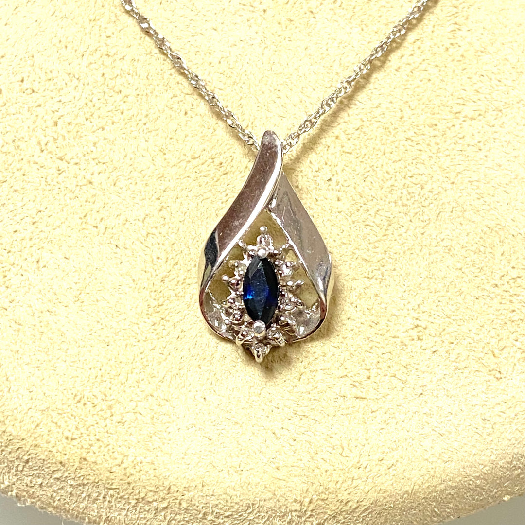 v129 Vintage 14K White Gold Chain Necklace 18" & 10K WG Sapphire Diamond Pendant