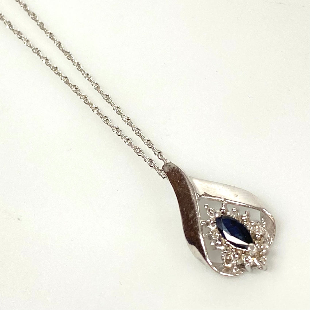 v129 Vintage 14K White Gold Chain Necklace 18" & 10K WG Sapphire Diamond Pendant