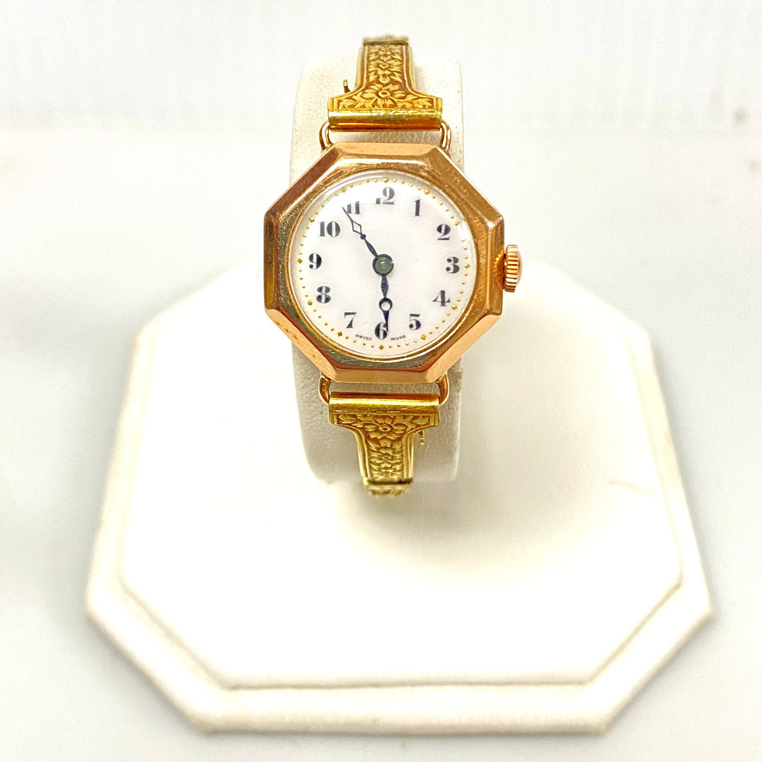 v132 Vintage Tempus 9K Yellow Gold Swiss Mechanical Lady's Wrist Watch 15 Jewels