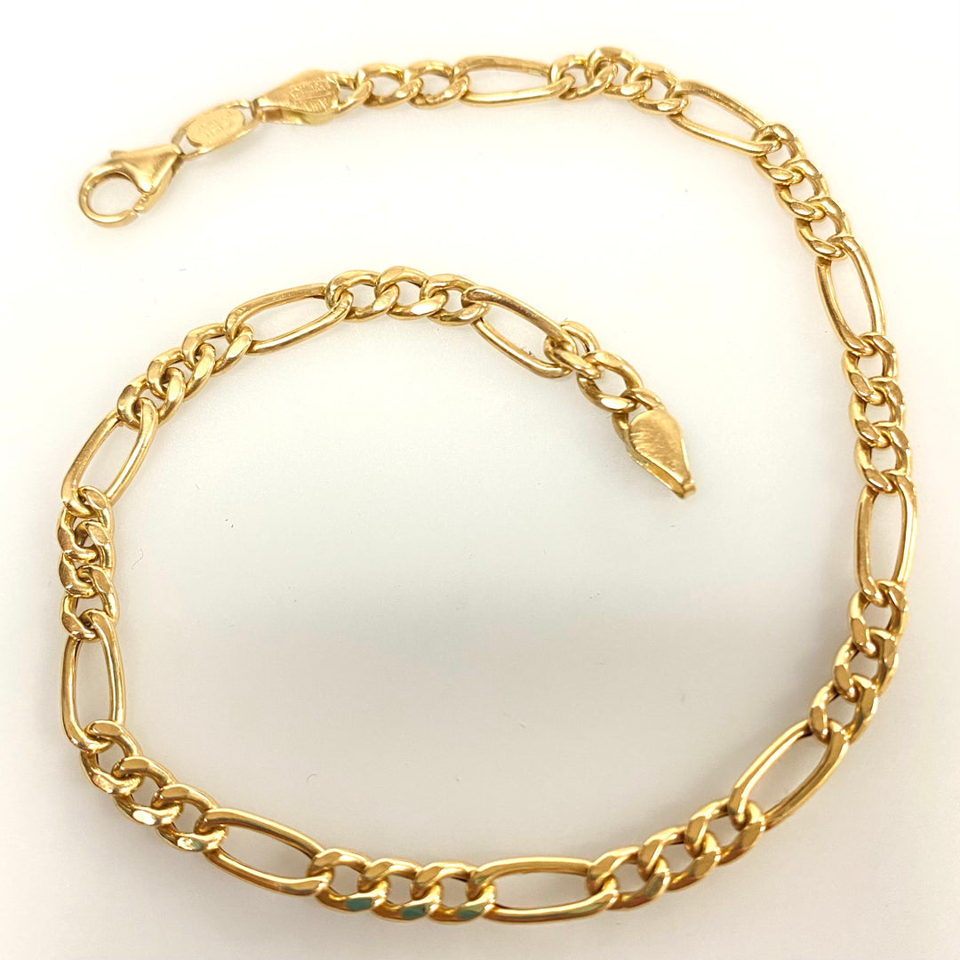v136 Vintage 14K Yellow Gold Figaro Style Link Chain Bracelet 8 5/8" long
