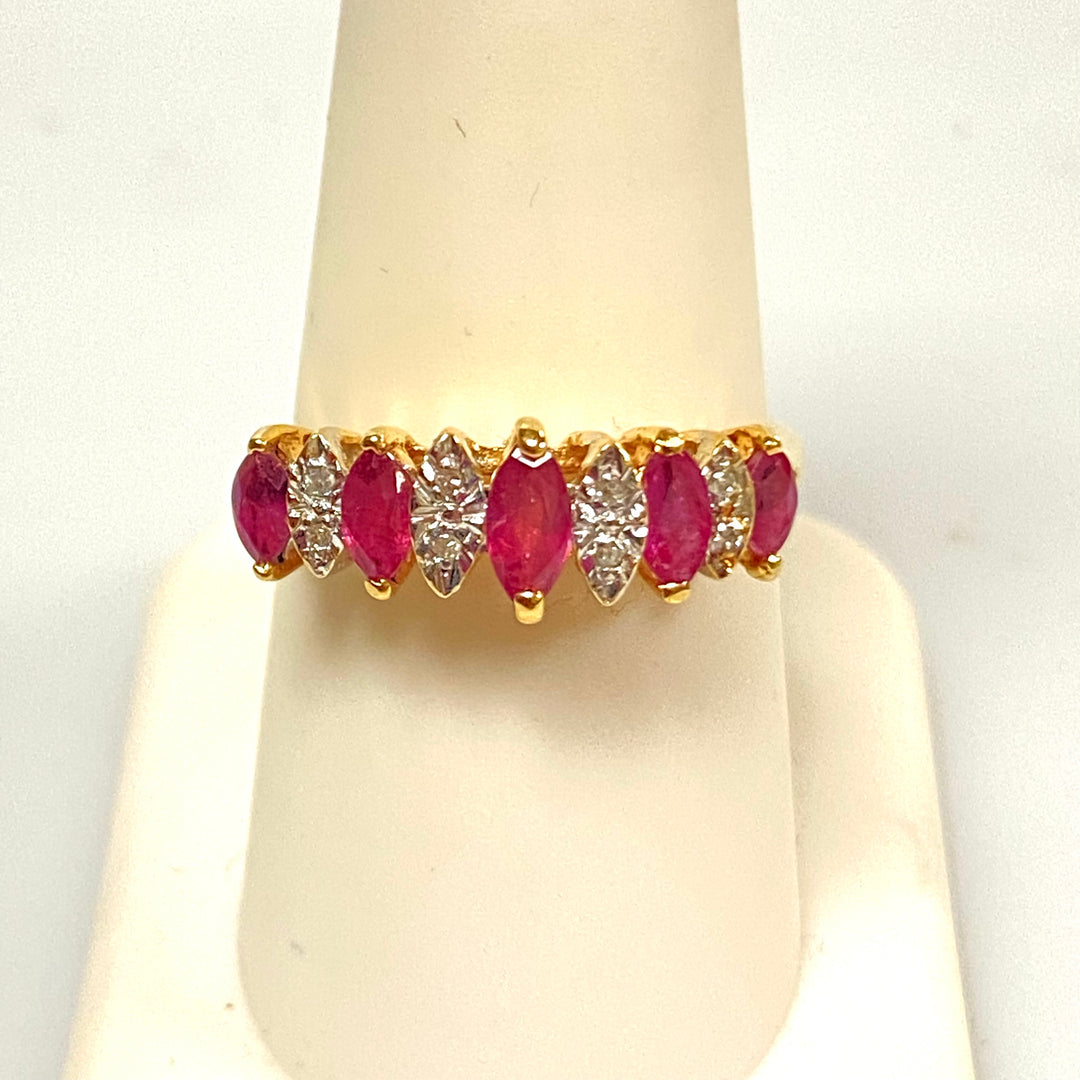 v140 Vintage 14K Yellow Gold Ruby and White Diamond Crown Ring Size 8.5