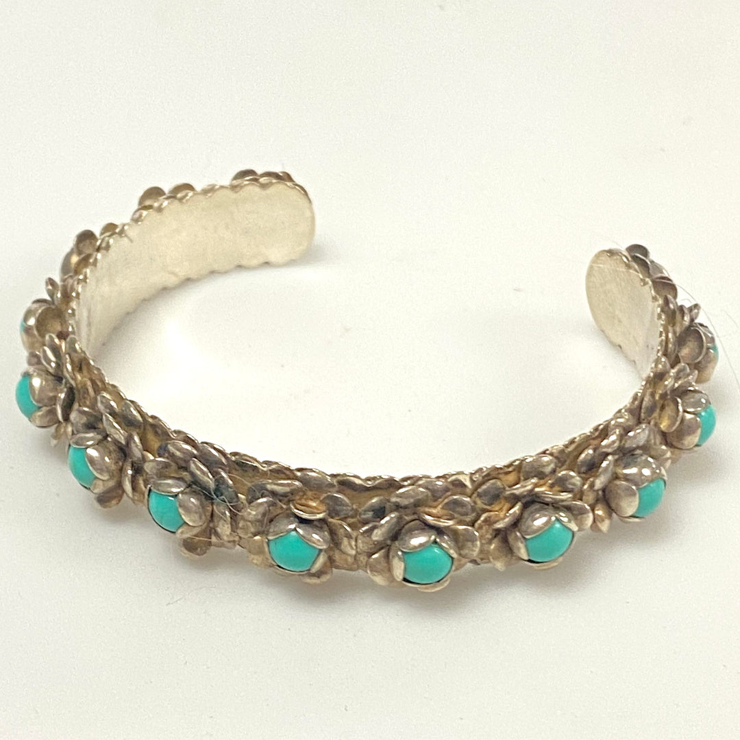 v150 Vintage Sterling Silver Floral Turquoise Open Cuff Style Bracelet