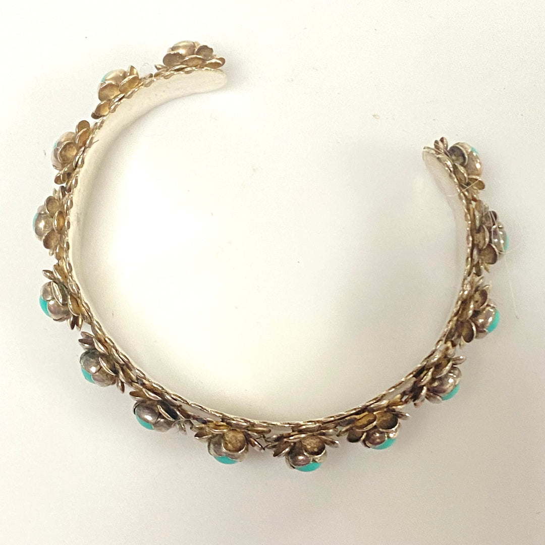 v150 Vintage Sterling Silver Floral Turquoise Open Cuff Style Bracelet
