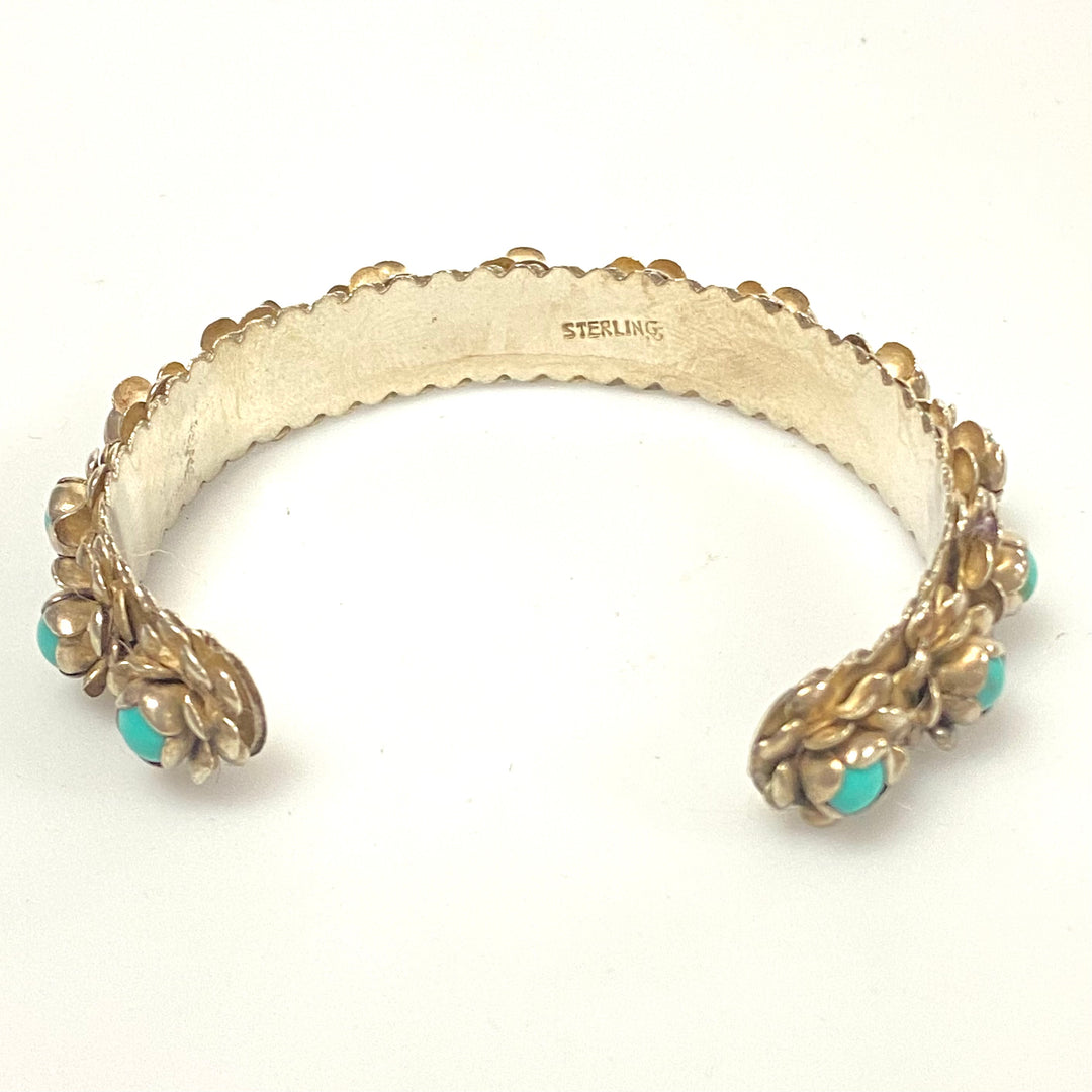 v150 Vintage Sterling Silver Floral Turquoise Open Cuff Style Bracelet