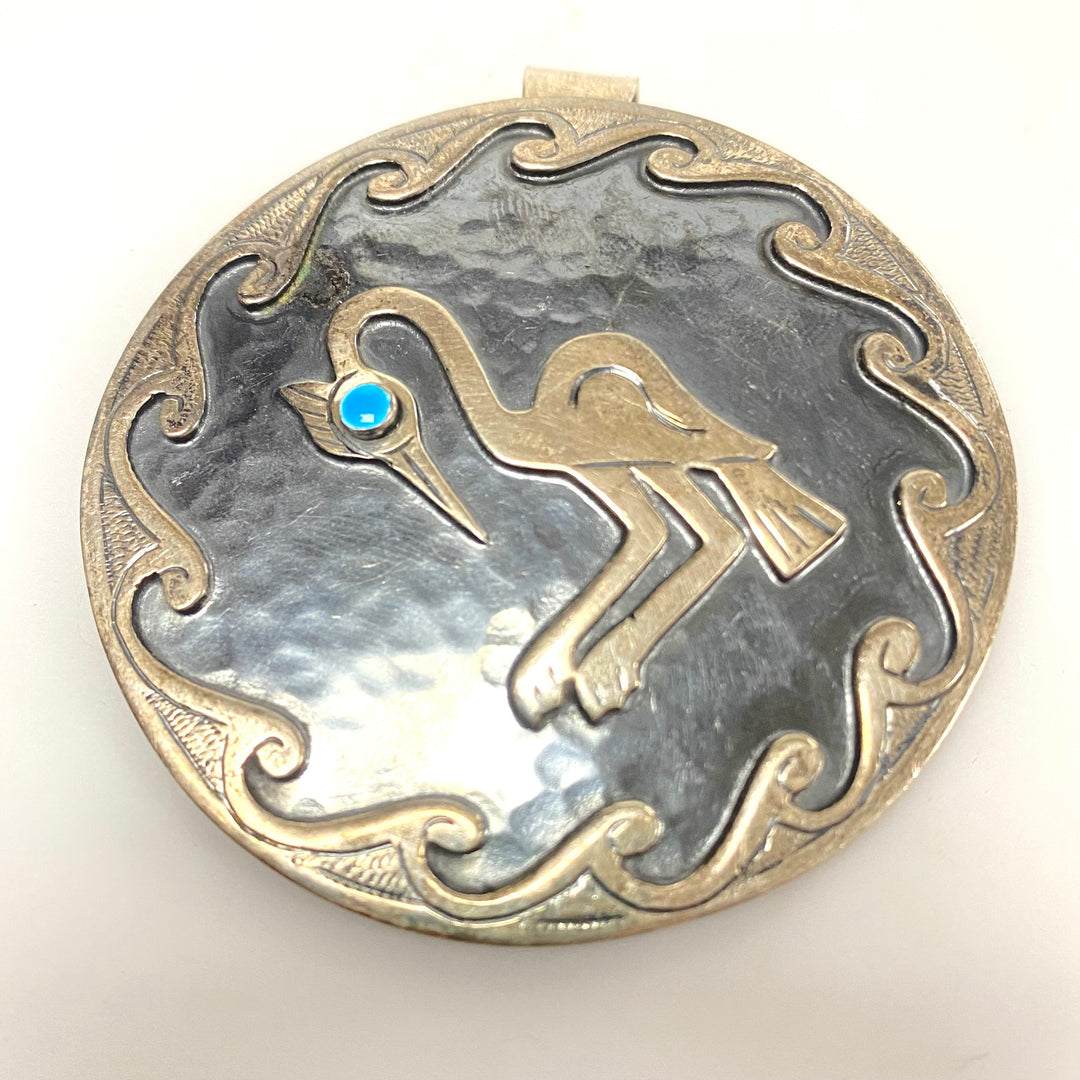 v152 Vintage Sterling Laffi Peruvian Inca Heron Bird Hammered Style Collectors Pendant