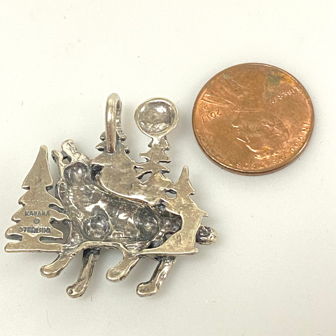 v154 Vintage Sterling Silver Howling Wolf Pendant Kabana Pendant Charm