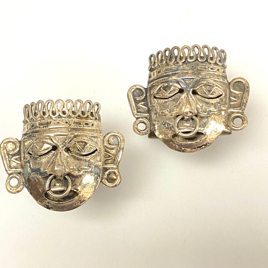 v155 Vintage Aztec/Mayan Warrior God Face Mask Sterling Silver 925 Cufflinks Set