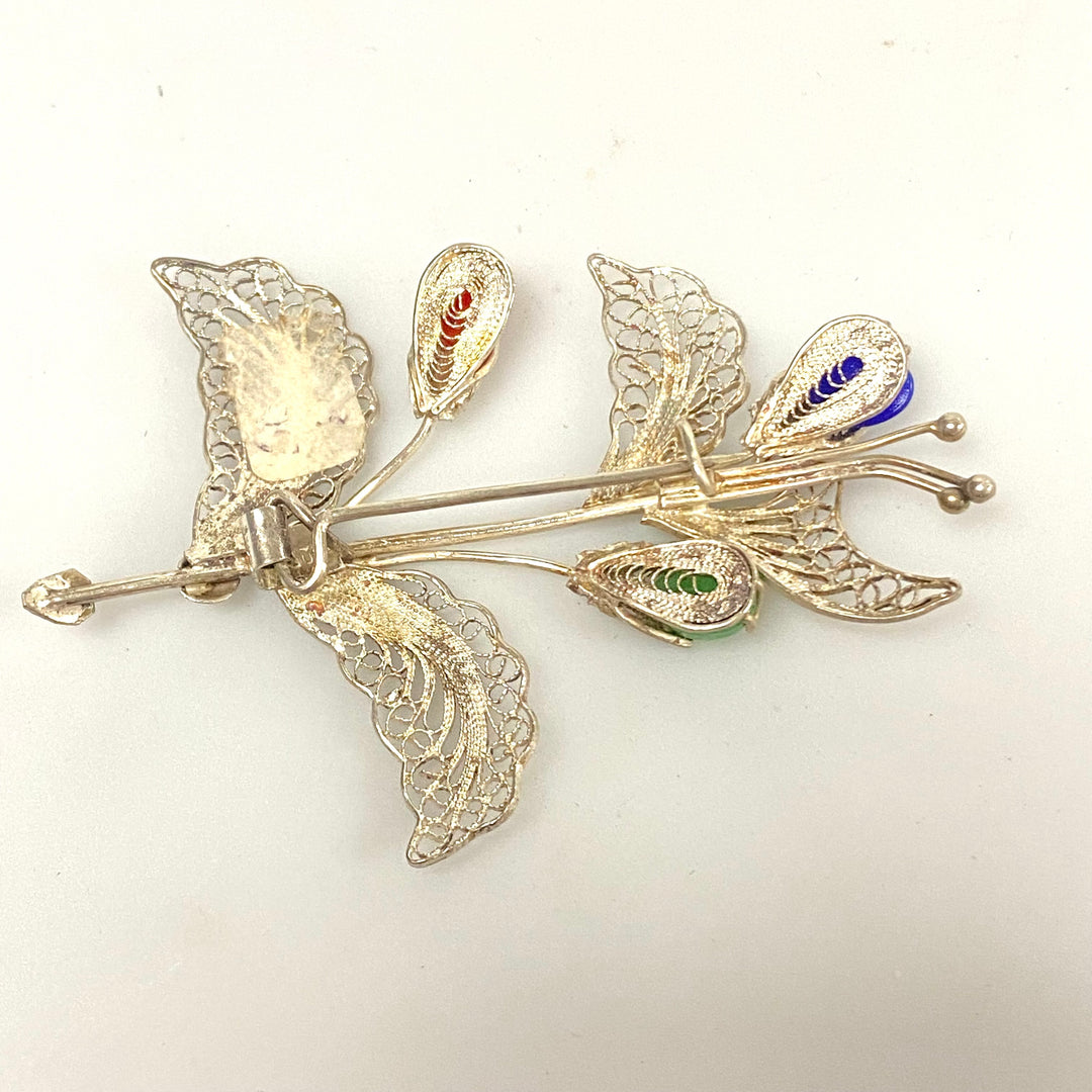 v159 Vintage Sterling Silver Filigree Floral Brooch Pin