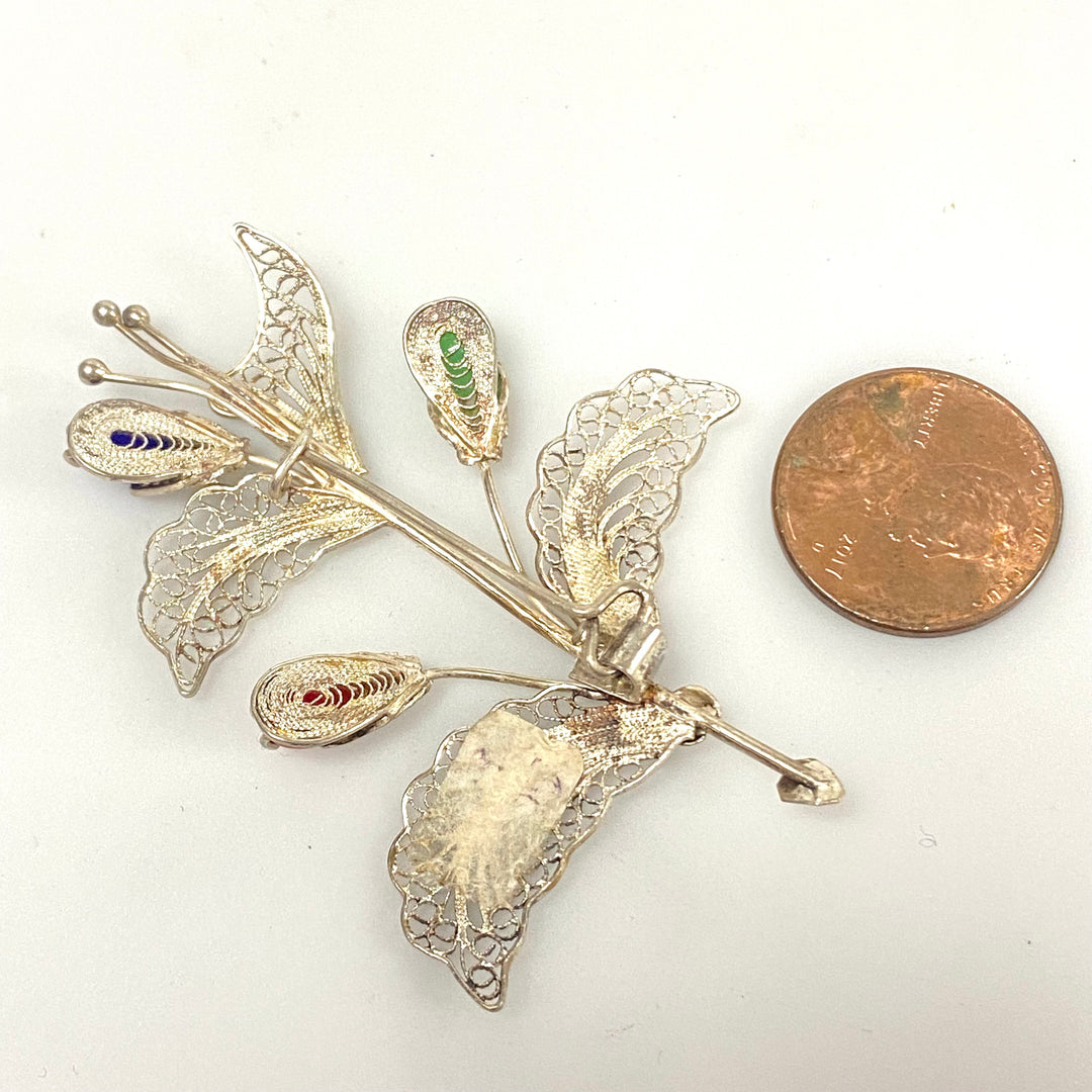 v159 Vintage Sterling Silver Filigree Floral Brooch Pin