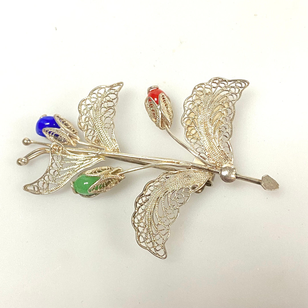 v159 Vintage Sterling Silver Filigree Floral Brooch Pin