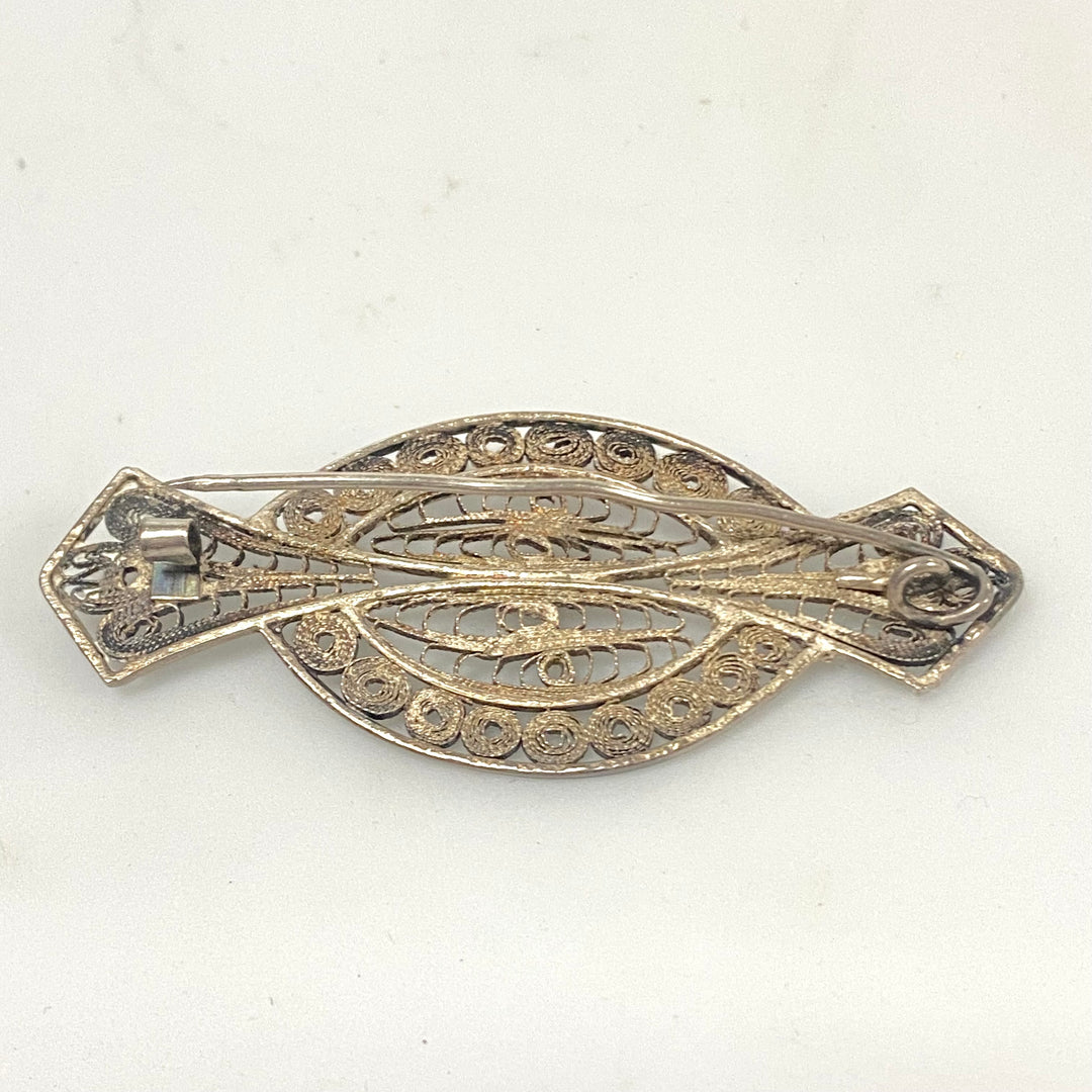 v161 Vintage Sterling Silver Silver Tone Filigree Brooch Pin