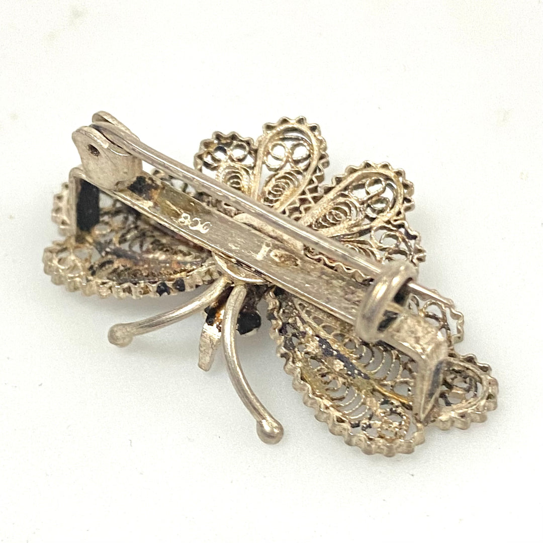 v164 Vintage 800 Silver Filigree Butterfly Brooch Pin