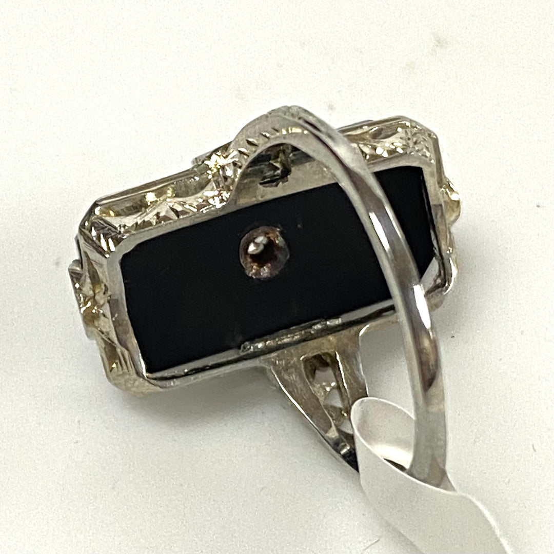v165 Vintage 18K White Gold Filigree 0.03cts White Diamond Black Onyx Ring Sz 7