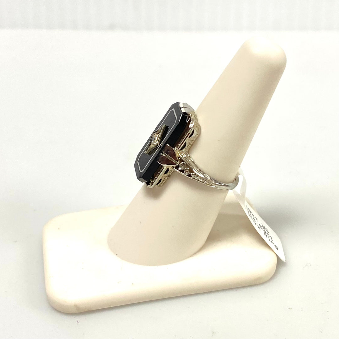 v165 Vintage 18K White Gold Filigree 0.03cts White Diamond Black Onyx Ring Sz 7