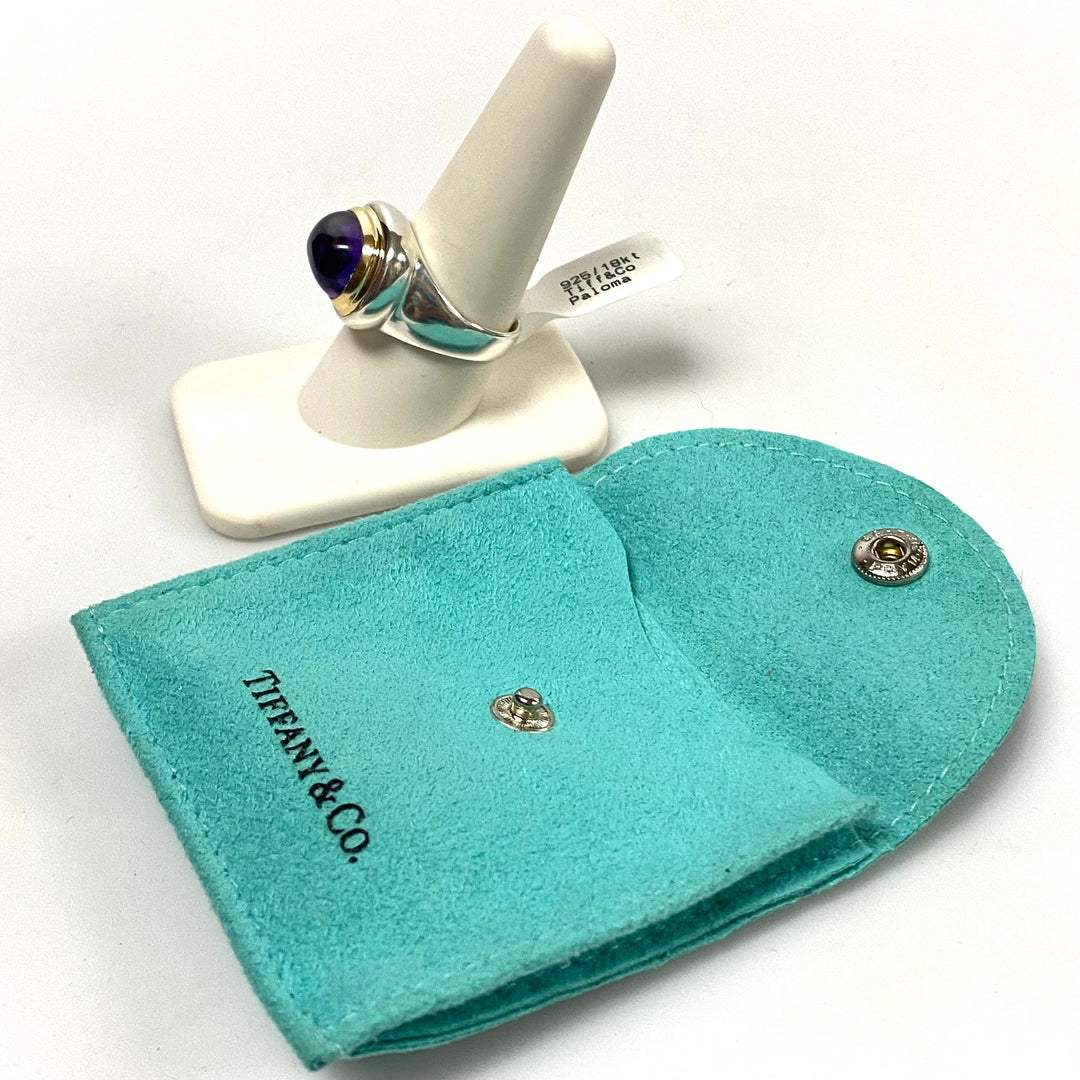 v169 Vintage 18K Yellow Gold Silver Amethyst Stone Ring Sz 9 Tiffany & Co Paloma