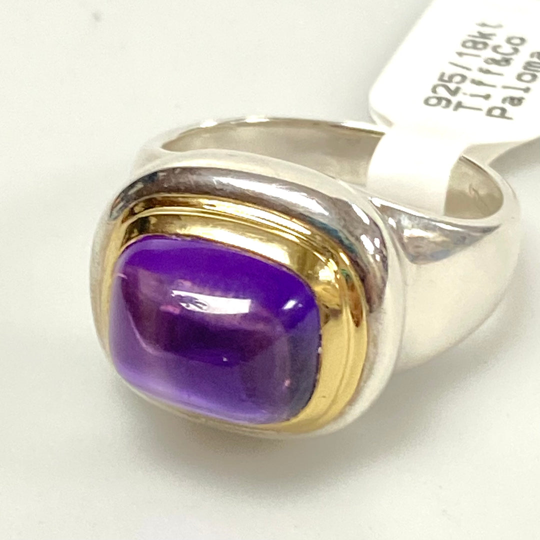 v169 Vintage 18K Yellow Gold Silver Amethyst Stone Ring Sz 9 Tiffany & Co Paloma