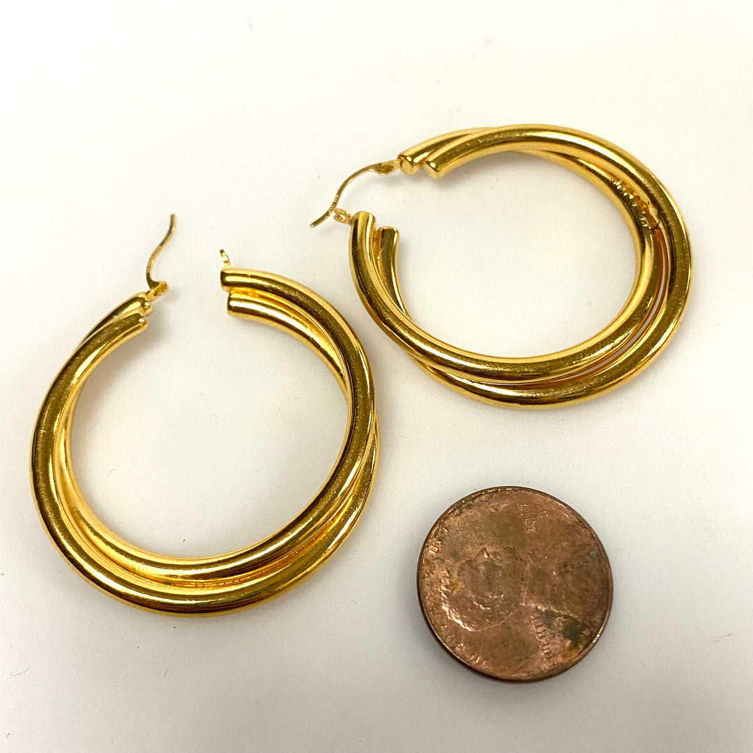 v170 Vintage Classic 14K Yellow Gold Hanging Hollow Twisted Hoop Earrings