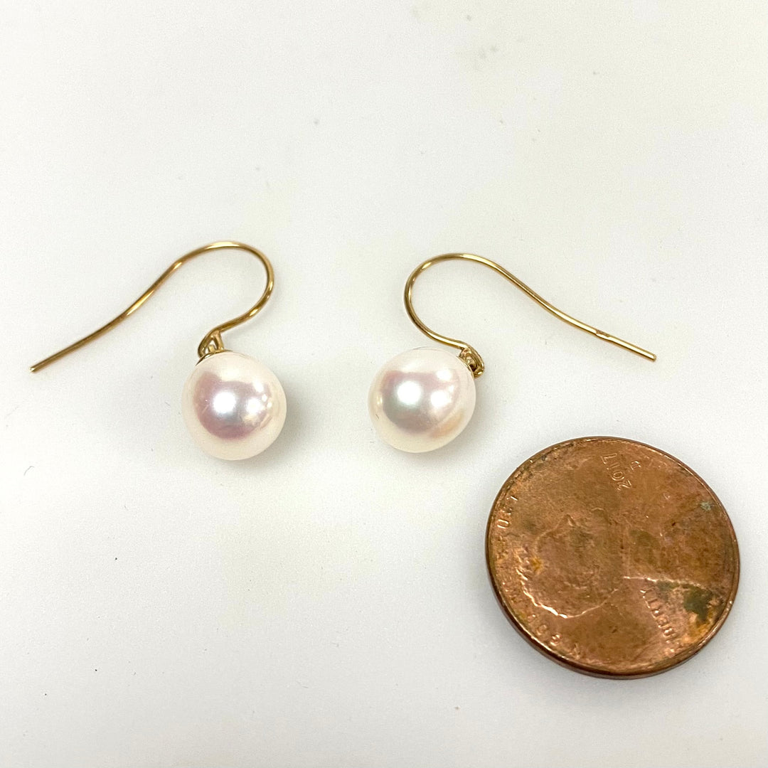 v171 Vintage Classic 9K Yellow Gold 8mm Pearl Dangling Earrings Pearced