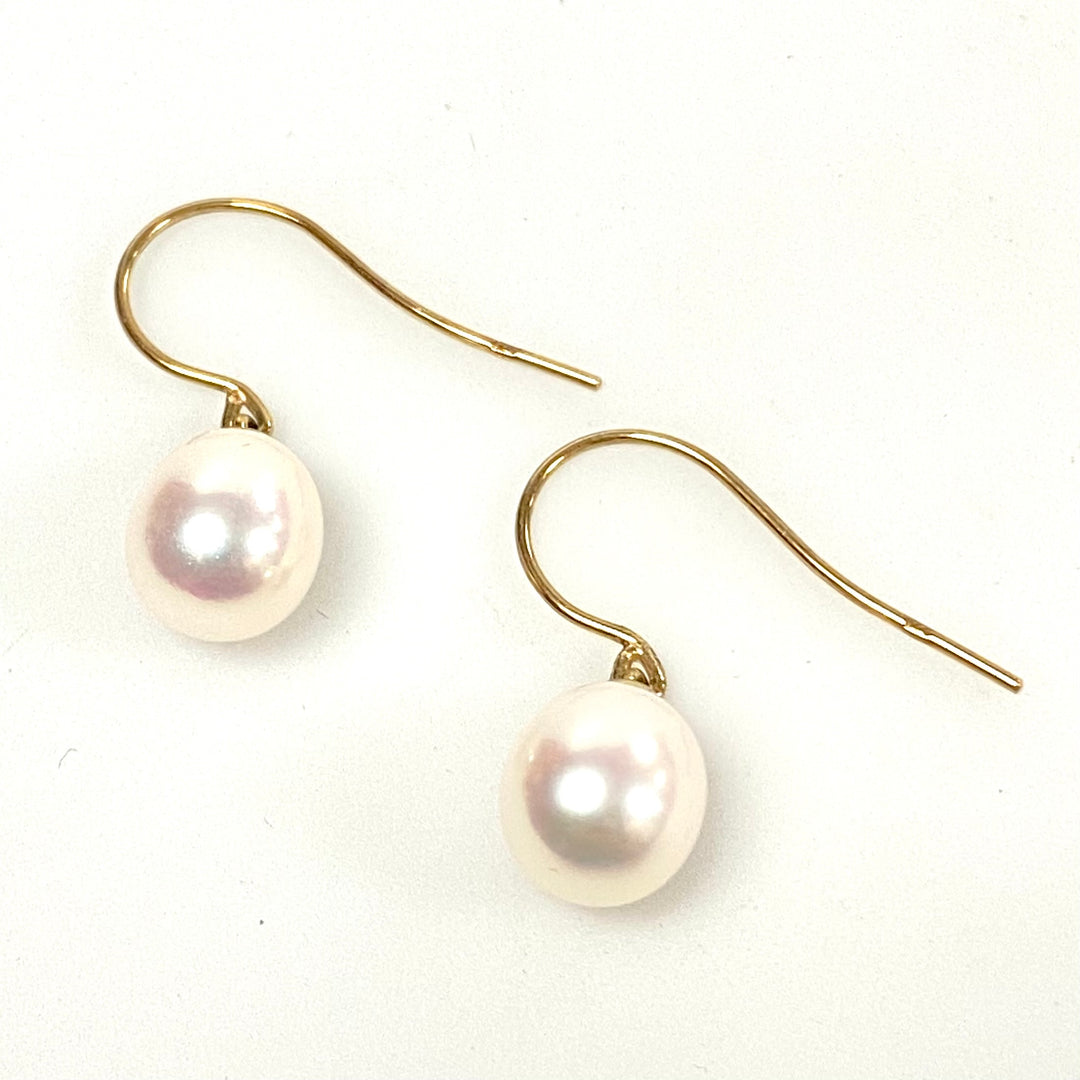 v171 Vintage Classic 9K Yellow Gold 8mm Pearl Dangling Earrings Pearced