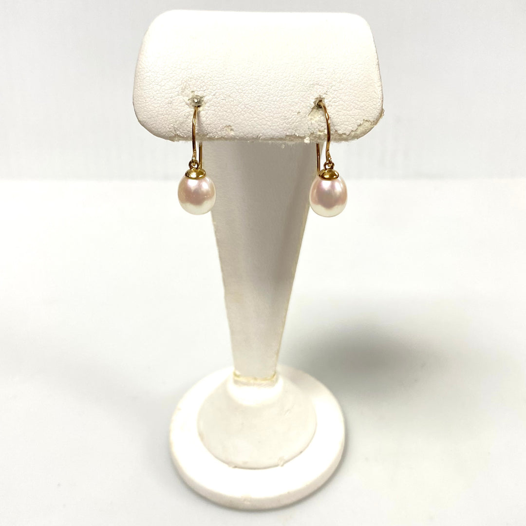 v171 Vintage Classic 9K Yellow Gold 8mm Pearl Dangling Earrings Pearced