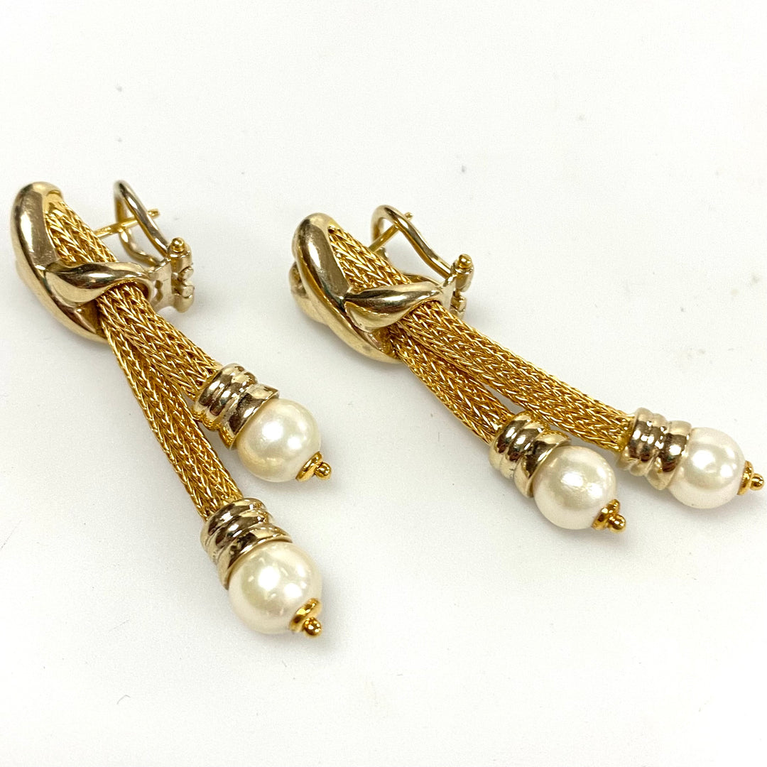 v172 Vintage Classic 18K Yellow Gold Fancy Pierced Hoop Earrings with Pearls