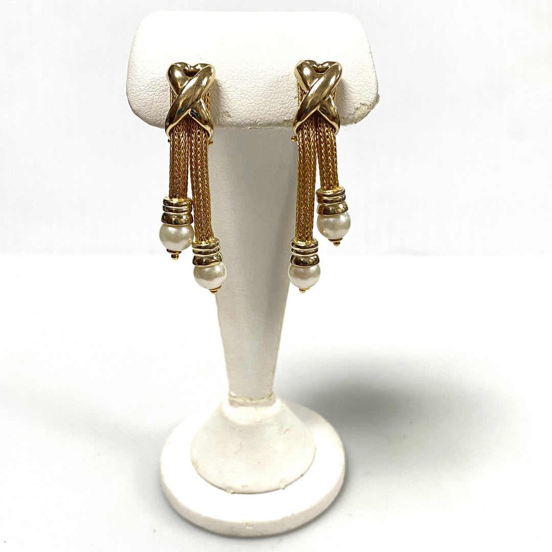 v172 Vintage Classic 18K Yellow Gold Fancy Pierced Hoop Earrings with Pearls