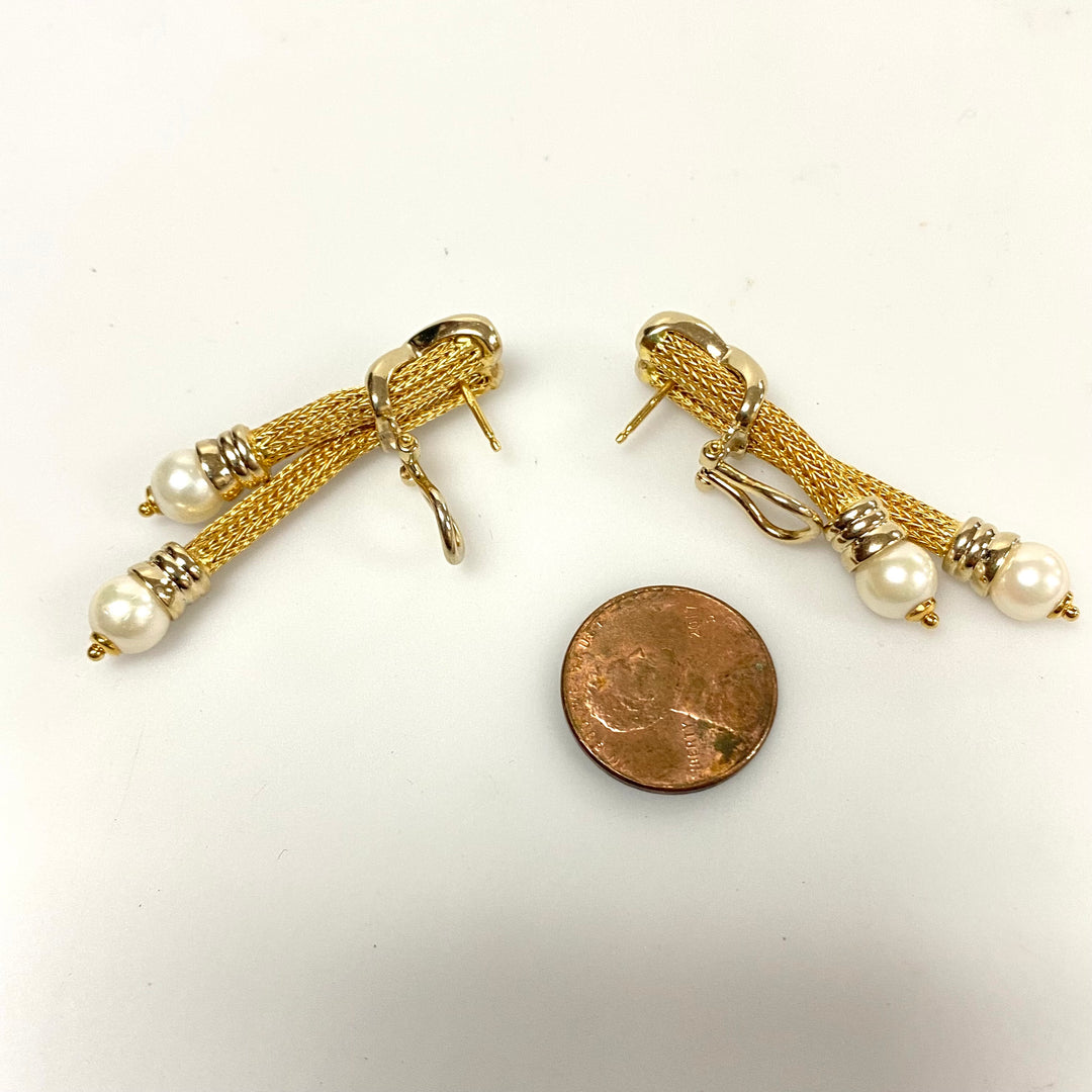 v172 Vintage Classic 18K Yellow Gold Fancy Pierced Hoop Earrings with Pearls