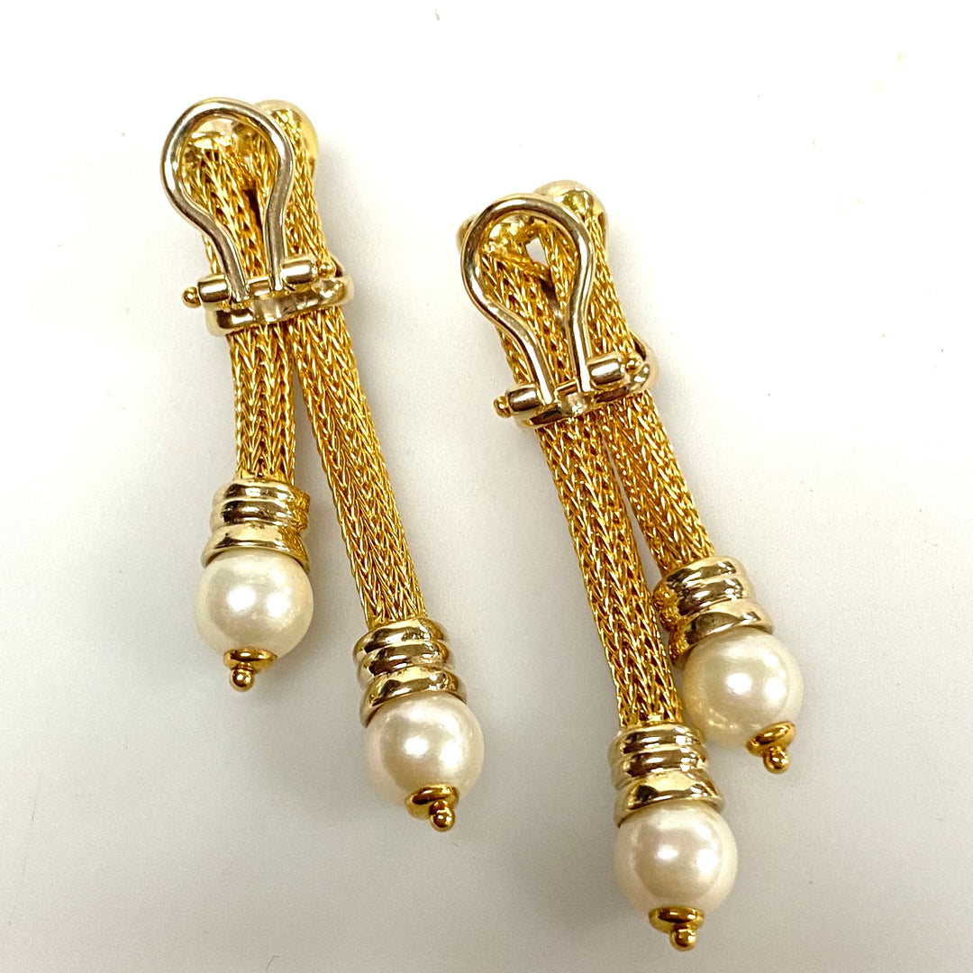 v172 Vintage Classic 18K Yellow Gold Fancy Pierced Hoop Earrings with Pearls