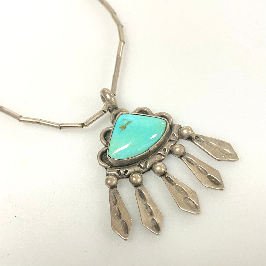 v179 Vintage Turquoise Sterling Silver Hand Made Navajo Art Pendant Necklace