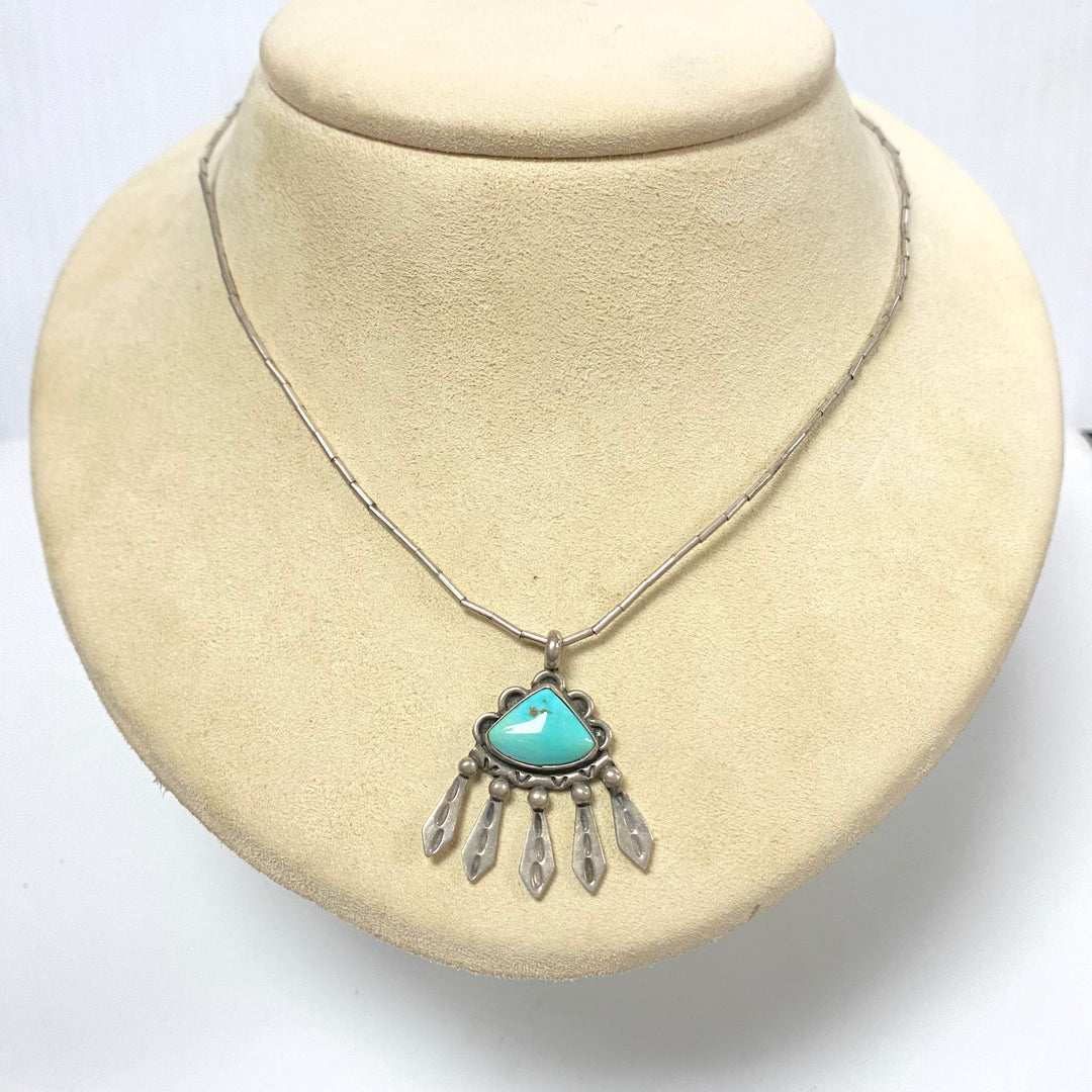v179 Vintage Turquoise Sterling Silver Hand Made Navajo Art Pendant Necklace