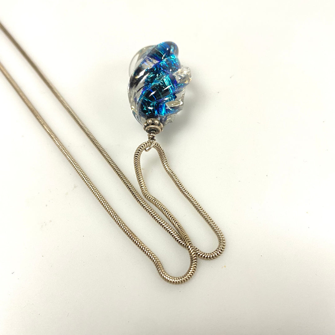 v180 Vintage Sterling Silver Chain Necklace 20" Long & Glitter Infused Glass Art Pendant