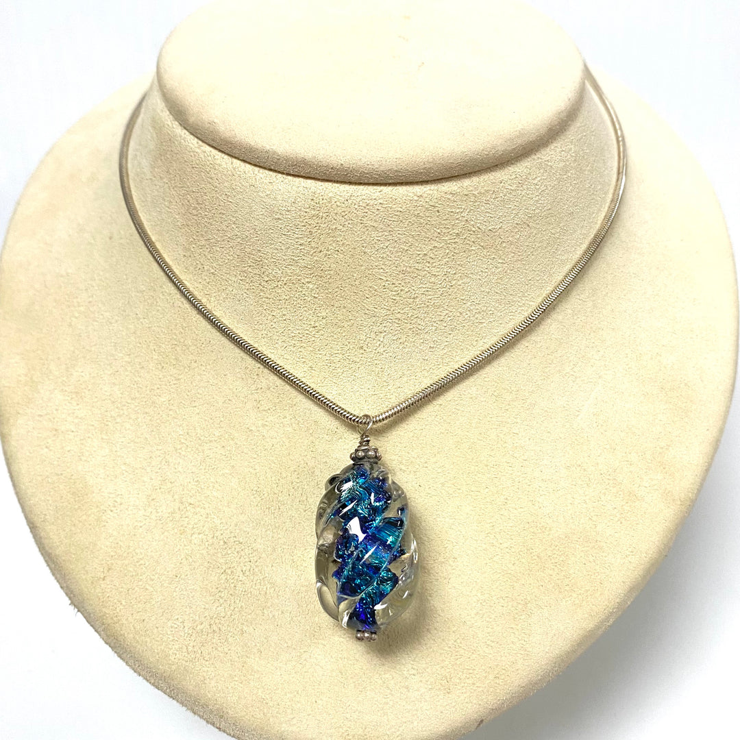v180 Vintage Sterling Silver Chain Necklace 20" Long & Glitter Infused Glass Art Pendant