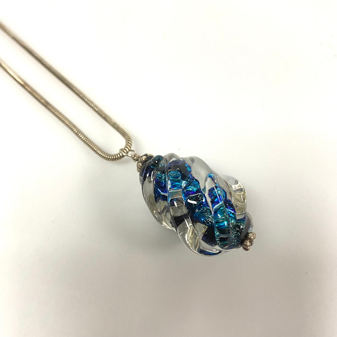 v180 Vintage Sterling Silver Chain Necklace 20" Long & Glitter Infused Glass Art Pendant