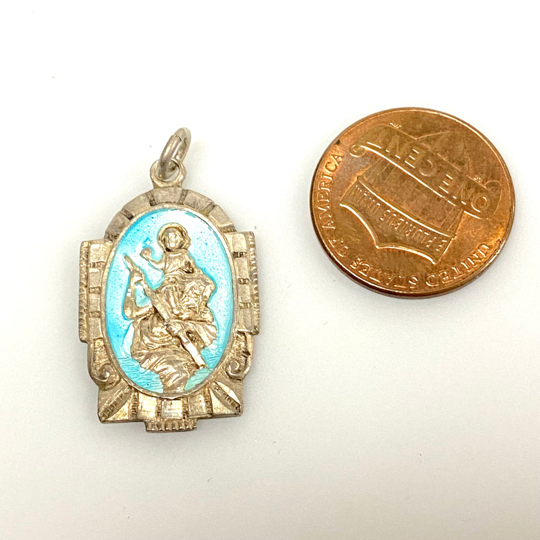 v185 1930's Silver Art Deco Saint Christopher Catholic Religious Medal Patron &amp; Protector Of Travelers Pendant Holy Medallion