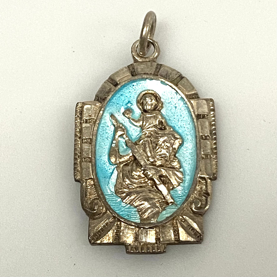 v185 1930's Silver Art Deco Saint Christopher Catholic Religious Medal Patron &amp; Protector Of Travelers Pendant Holy Medallion
