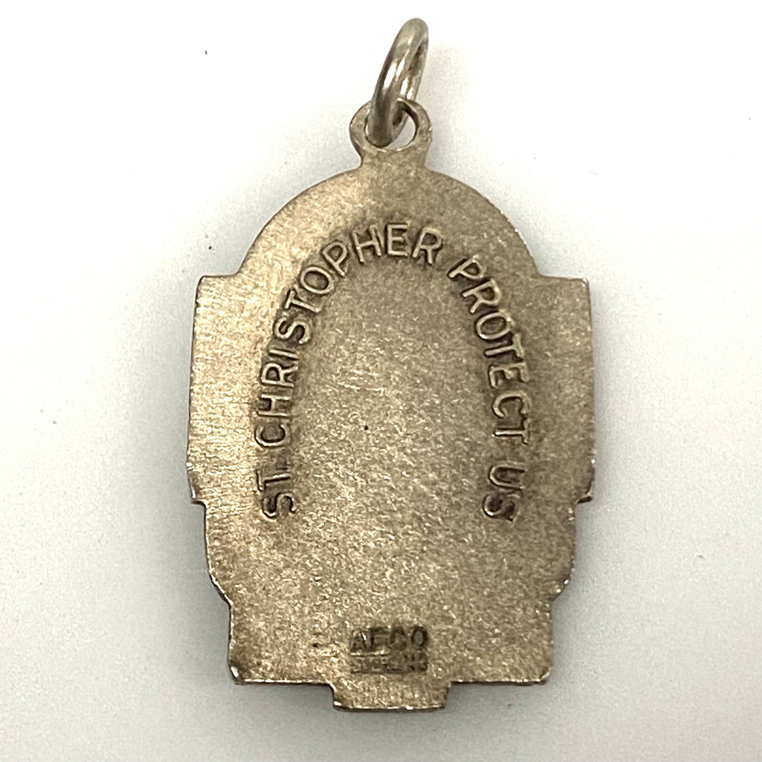 v185 1930's Silver Art Deco Saint Christopher Catholic Religious Medal Patron &amp; Protector Of Travelers Pendant Holy Medallion