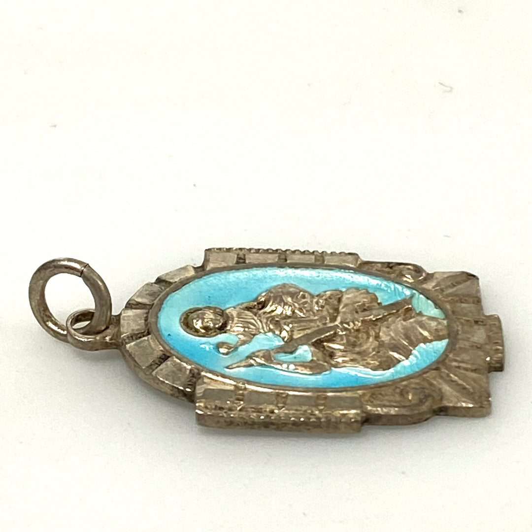 v185 1930's Silver Art Deco Saint Christopher Catholic Religious Medal Patron &amp; Protector Of Travelers Pendant Holy Medallion