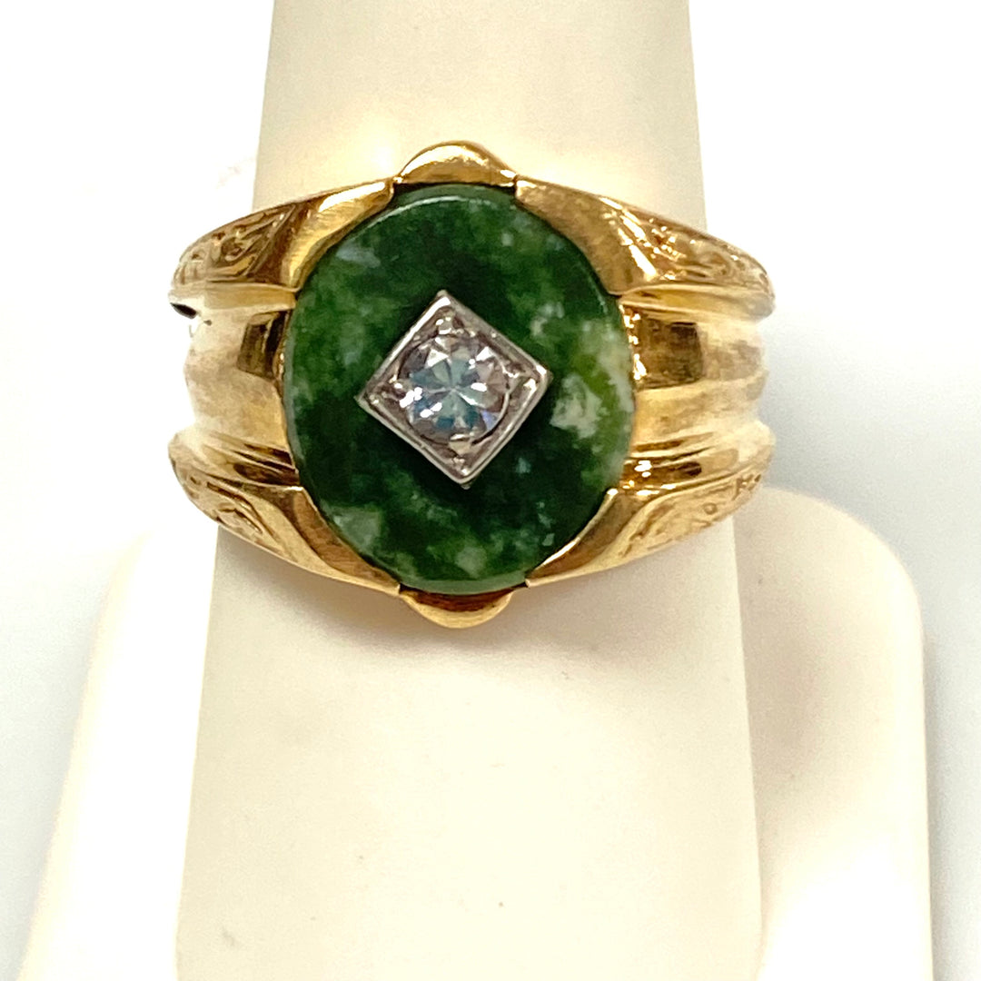 v190 Vintage 10K Yellow Gold CZ & Green Stone  Ring Size 8.5 Unisex