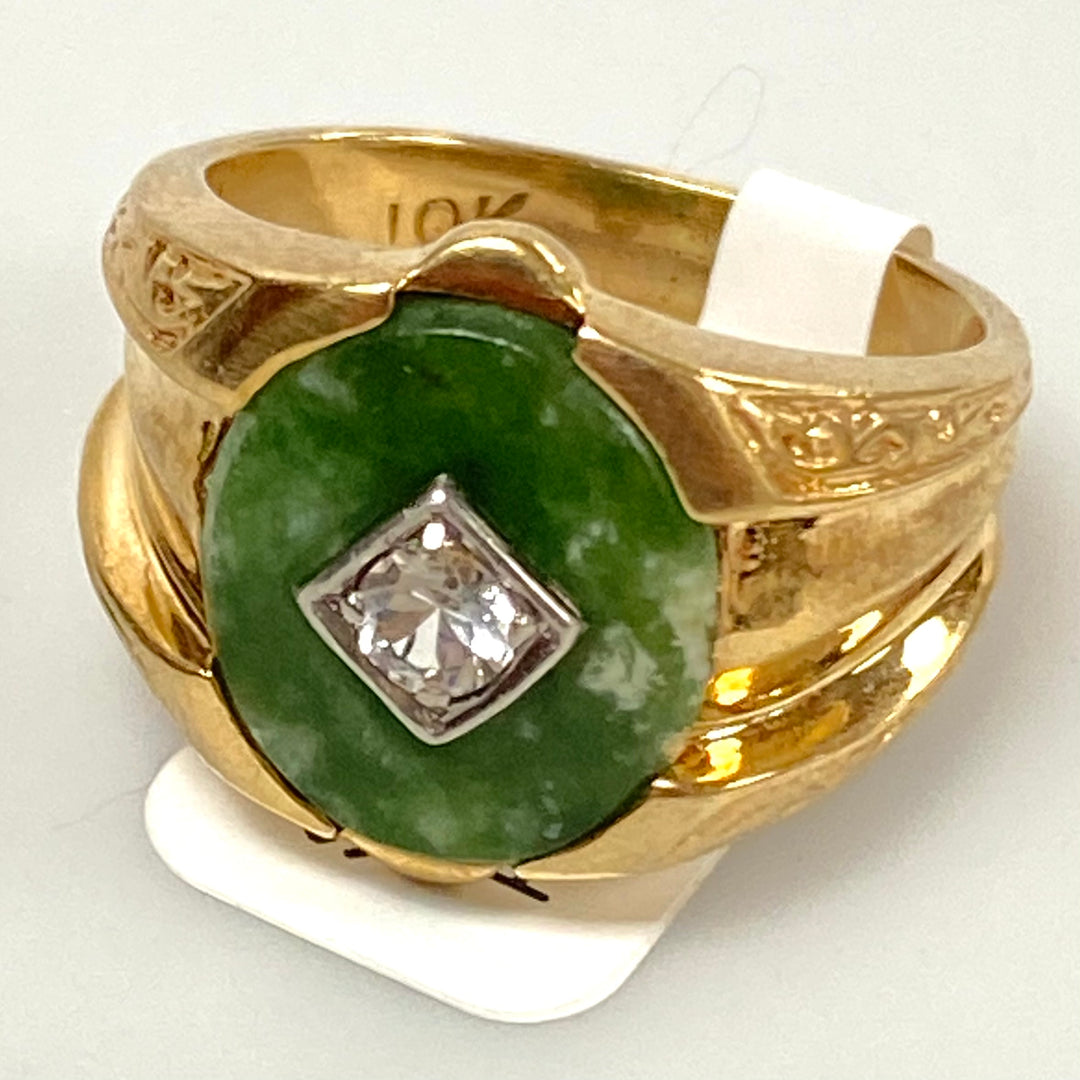 v190 Vintage 10K Yellow Gold CZ & Green Stone  Ring Size 8.5 Unisex