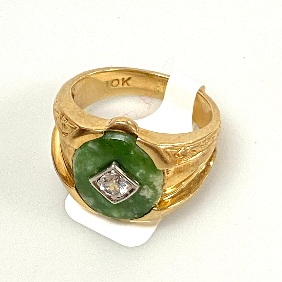 v190 Vintage 10K Yellow Gold CZ & Green Stone  Ring Size 8.5 Unisex