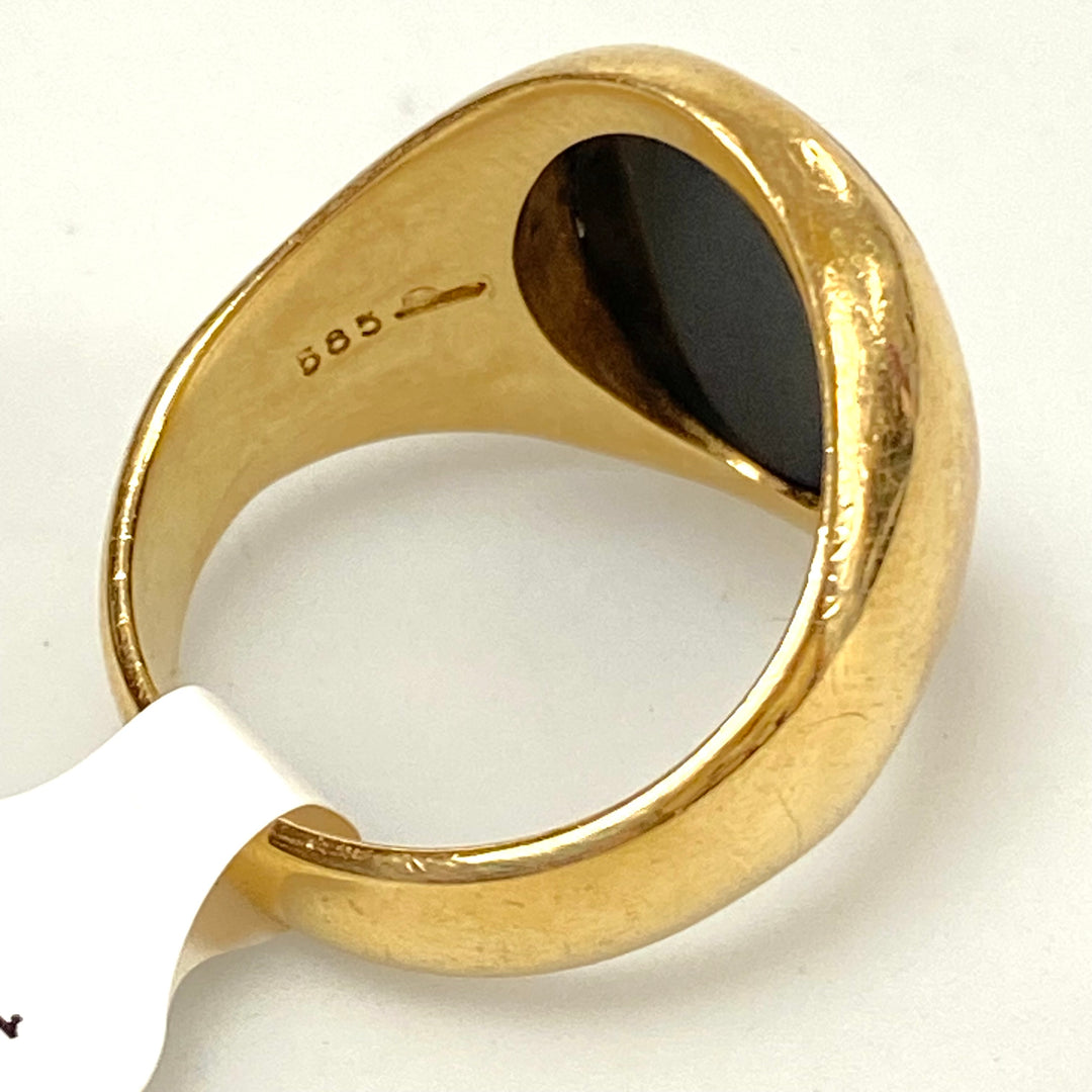 v192 Vintage 14K Yellow Gold Black Oval Onyx Stone Unisex Ring Size 8