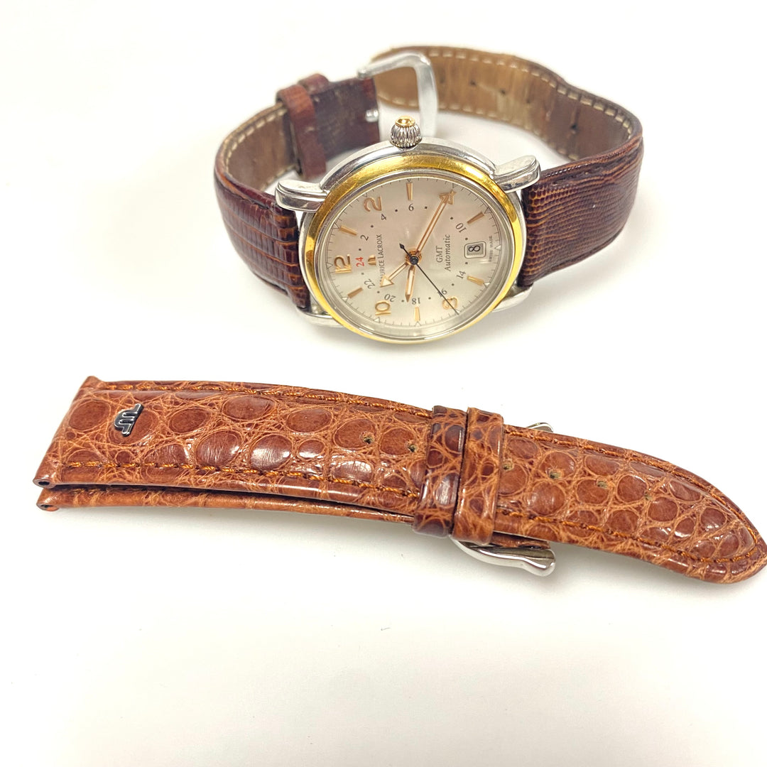 v199 Vintage Maurice Lacroix Steel/Gold 18k GMT Automatic Swiss Men's Wrist Watch 21 Jewels